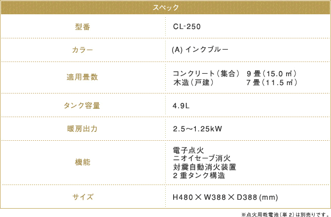 スペック 型番：CL-250 カラー：(A)インクブルー 適用畳数：コンクリート（集合）9畳（15.0㎡）、木造（戸建）7畳(11.5㎡) タンク容量：4.9L 暖房出力：2.5～1.25KW 機能：電子点火ニオイセーブ消火耐震自動消火装置2重タンク構造 サイズ：H480×W388×D388(mm) ※点火用乾電池(単2)は別売りです