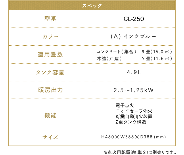 スペック 型番：CL-250 カラー：(A)インクブルー 適用畳数：コンクリート（集合）9畳（15.0㎡）、木造（戸建）7畳(11.5㎡) タンク容量：4.9L 暖房出力：2.5～1.25KW 機能：電子点火ニオイセーブ消火耐震自動消火装置2重タンク構造 サイズ：H480×W388×D388(mm) ※点火用乾電池(単2)は別売りです 